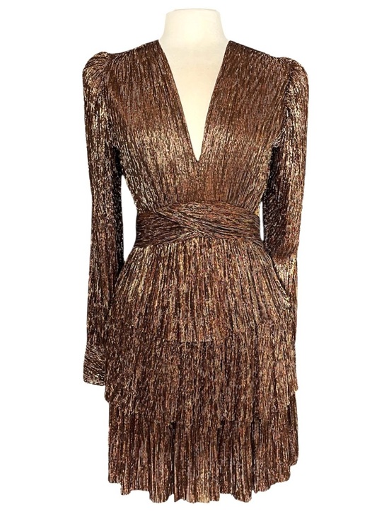 Sabina Musayev Dresses & Skirts - Sabina Musayev Gold Brown Metallic Bronze Dress. Tie Waist Tiered Semi Sheer Med